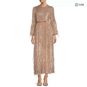 ANTONIO MELANI x Nicola Bathie Rose Gold Sequin Maxi Dress Feather Formal Size 8